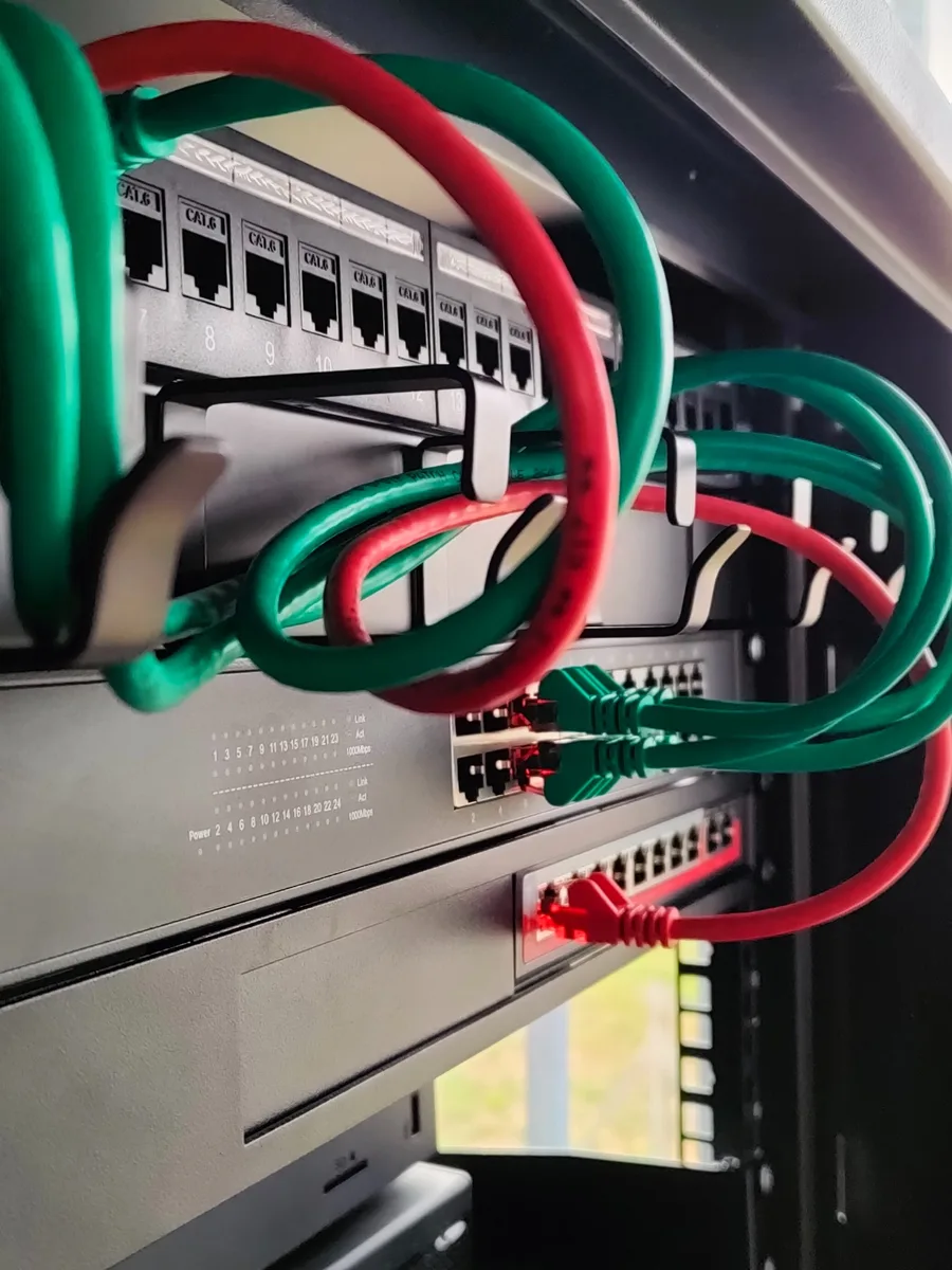 Communications rack with network cabling installed by Nimbus Telecom